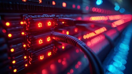 Server rack with glowing ports. Data center cables illuminate