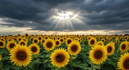 Obraz premium Sunbeams and Bumblebees: Golden Sunflower Field - A vibrant sunflower field basks in the dramatic light of a breaking storm. Bumblebees pollinate the golden blooms, symbolizing nature's resilience