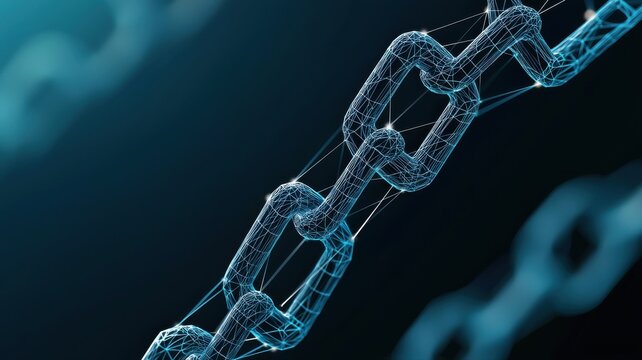 Digital blockchain chain link structure on a dark backdrop. Innovative network concept in technology.
