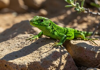 Obraz premium Vibrant Green Lizard Perched on Rock, Sunny Day, Wildlife Photography, Reptile Close-Up.