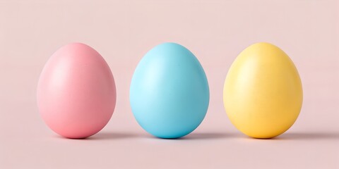 Fototapeta premium pastel pink, blue, and yellow easter eggs on light pink background, ideal for festive decor, springtime greeting cards, or seasonal promotions 