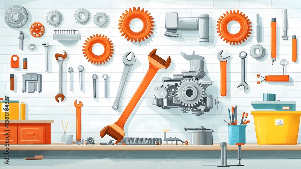 Aufkleber A detailed view of a mechanical engineer s workshop filled with an assortment of tools gears and a partially disassembled engine