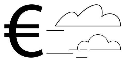 Euro currency sign paired with fast motion lines and minimalistic clouds. Ideal for finance, currency exchange, digital economy, online transactions, global trade, speed, efficiency. Flat simple