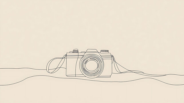 A camera is drawn in a lineart style on a white background