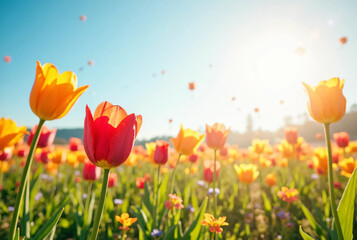 Naklejka premium Tulip flowers and big sky background.