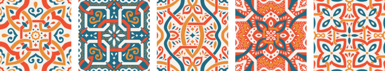 Collection of Moroccan style seamless pattern. Creative mediterranean interior design. Ethnic ornament swatch set. Azulejos tiles vector illustration. Modern Spanish talavera.