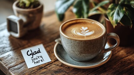  Welcome coffee with note saying “Glad you’re here!” on wooden table
