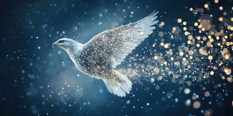 A shimmering bird in flight, surrounded by a cascade of sparkling lights, symbolizing freedom and beauty against a deep blue backdrop, ideal for artistic or inspirational themes