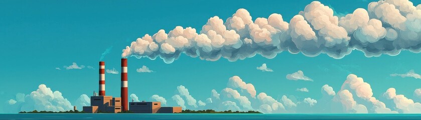 Fototapeta premium A vibrant illustration of a factory emitting smoke against a bright blue sky.