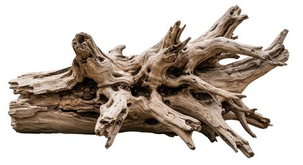 Fototapeta premium Weathered Tree Root Isolated on White Background - Ancient, gnarled tree roots, symbolizing strength, resilience, time, nature, and growth. A perfect element for design