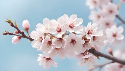 Close-up shot of cherry blossoms in full bloom against a soft blue sky, petals falling, soft diffused lighting, pastel color palette, digital art