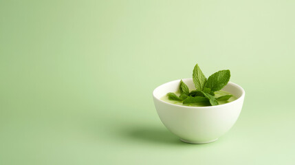 A simple white bowl filled with fresh green mint leaves against a soft green background.