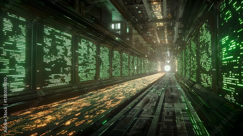 Poster a futuristic cyberpunk inspired scene depicting a dystopian city where glowing data streams flow thr