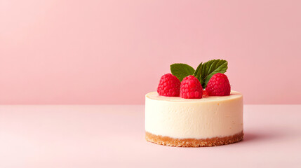 A delicious cheesecake topped with fresh raspberries and mint leaves, set against a soft pink background.