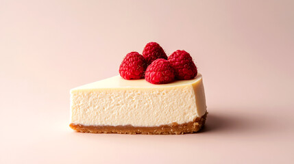A slice of creamy cheesecake topped with fresh raspberries sits on a light background, showcasing its smooth texture and delicious appeal.