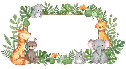 Adorable Jungle Animals Frame - Cute watercolor illustration of jungle animals surrounding a blank frame, perfect for invitations or announcements