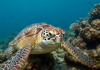 Fototapeta premium Sea Turtle Underwater Marine Life in Coral Reef, Ocean, Wildlife, Aquatic, Turtle Close-up