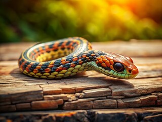 Fototapeta premium Close-up of a Garter Snake Isolated on a Rustic Wooden Surface, Food Photography Style