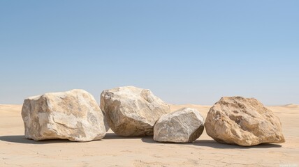 Four large rocks on a sandy desert landscape under a clear blue sky during daytime.
