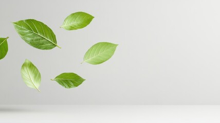 Fresh green leaves gently floating against a clean white background, evoking a sense of tranquility and nature.