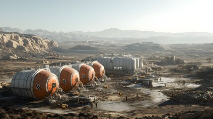 A futuristic industrialized landscape on a barren inhospitable planet with a central command center and massive oxygen generating structures working to terraform and restore the environment