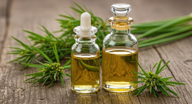 Cyperus Rotundus Essential Oil: Two Glass Bottles & Fresh Plant on Wood