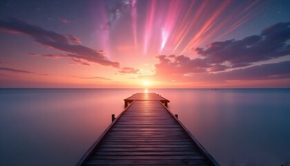 Obraz premium A long exposure shot of a wooden pier in the middle of the ocean