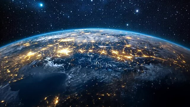 Earth at Night: A stunning view of Earth from space, showcasing the vibrant lights of cities and towns across continents, contrasted against the vast, star-studded expanse of the cosmos.