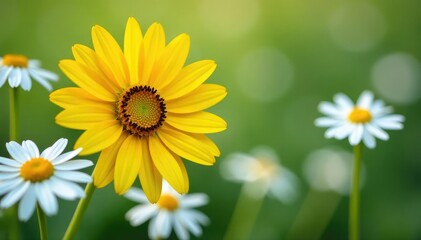 Obraz premium One bright yellow sunflower amongst white daisies, contrast, bloom, flower