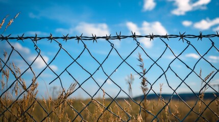 In a vast field, a barbed wire fence stretches across, creating a visual barrier. Tall grasses sway gently in the breeze under a serene blue sky dotted with fluffy clouds