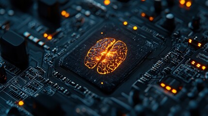 Fototapeta premium Futuristic Brain Concept on Circuit Board Representing Artificial Intelligence and Language Processing Efficiency