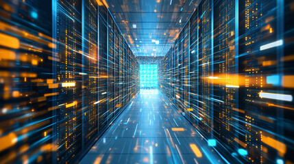 Modern data center interior with glowing server racks, illuminated by blue and white lights in a clean and high-tech environment, captured in a wide-angle view.