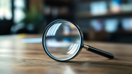 Fototapeta premium A magnifying glass resting on a wooden surface with a blurred background in a well lit room