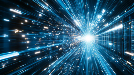 Fototapeta premium Modern data center interior with glowing server racks, illuminated by blue and white lights in a clean and high-tech environment, captured in a wide-angle view.