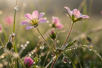 Fototapeta premium White daisies with dew drops in the morning light. Macro photography of dew drops on flowers, morning sunlight, high detail, for use in nature and environmental projects.