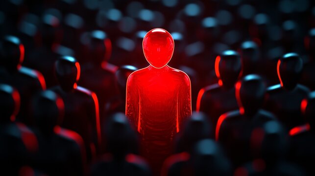 A dense mass of matte black outlines, with a striking red figure illuminated by a spotlight, highlights the risk of insider threats in data settings