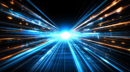 Obraz premium An abstract background of blue light speed with laser rays and a glowing flare in the center, enhanced with a motion blur effect, perfect for tech or science illustrations