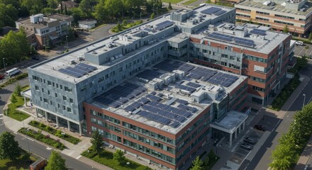 Obraz premium Green Hospital: Sustainable Healthcare Facility with Solar Panels - Modern hospital building showcasing sustainable energy solutions. Solar panels on roof, eco-friendly design, healthcare innovation