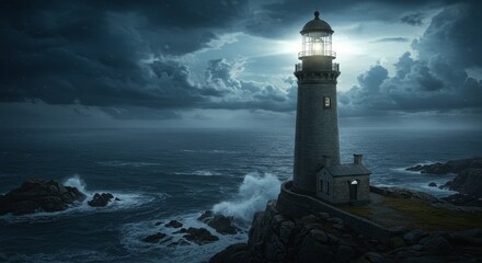 Naklejka premium Guiding Light Through the Storm - A beacon of hope amidst turbulent waters, symbolizing resilience, guidance, safety, and the pursuit of a brighter future. A powerful of hope and perseverance