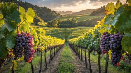 Golden sunlight filters through the lush foliage of a verdant vineyard, casting warm light on clusters of ripe grapes