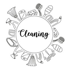 Vector postcard with cleaning items in doodle style with text. Logo or icon in linear style with sanitary attributes.