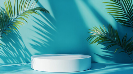 Obraz premium A white round podium against a blue wall with palm leaves casting shadows creating a tropical vibe