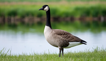 Obraz premium Canada Goose Standing in Grass Near Water