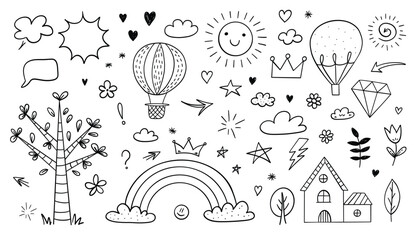 Cute kids elements, preschool kindergarten doodle icons set. Set of hand drawn doodle elements for your design. Vector illustration.