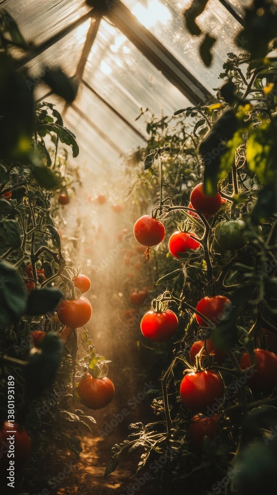 Poster vibrant red tomatoes dangle from lush green vines in a sunlit greenhouse. the golden afternoon light