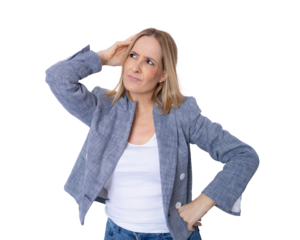 Young pensive business woman isolated over transparent background. PNG transparent.
