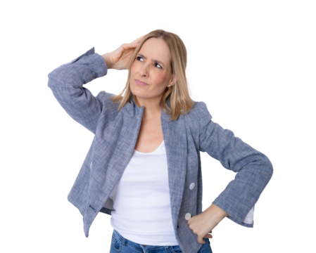 Young pensive business woman isolated over transparent background. PNG transparent.