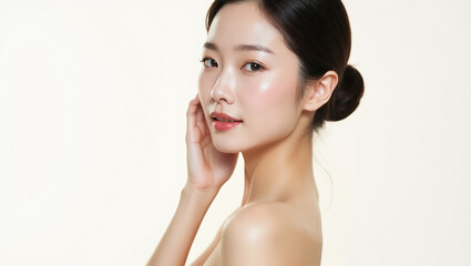 Fototapeta premium Graceful Asian Woman with Radiant Skin and Elegant Bun – Minimal Beauty Portrait on White Background