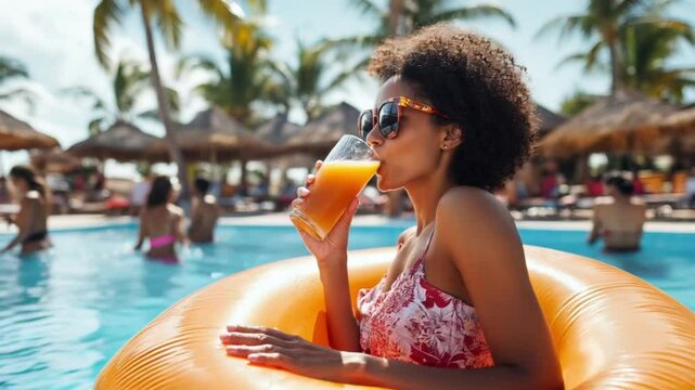Happy black woman wearing sunglasses and holding glass of drink, sitting on inflatable ring in pool at resort