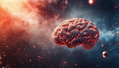 A surreal depiction of a human brain illuminated with glowing circuits, floating in a vibrant cosmic space filled with stars and nebulae, symbolizing the intersection of science and imagination